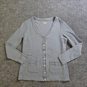 LL Bean Cardigan Women Small Green White Stripe Long Sleeve Pockets Casual Top